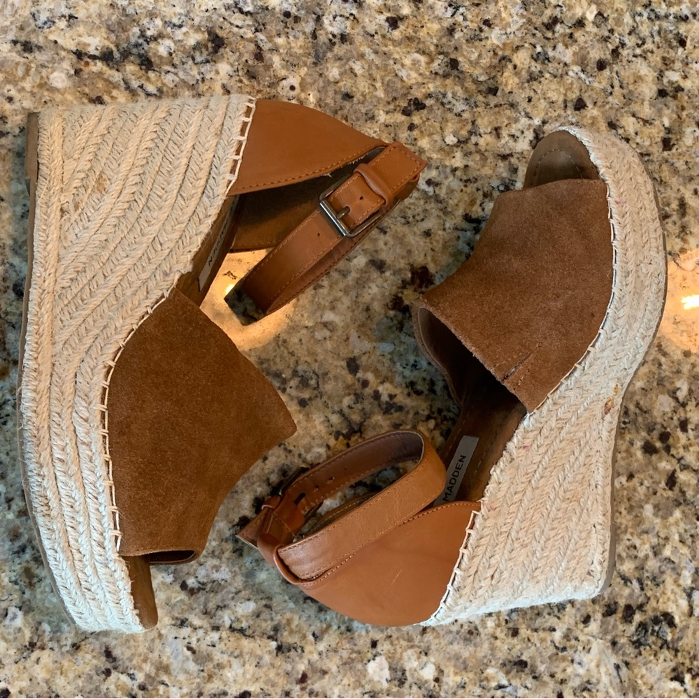 STEVE MADDEN Jaylen Wedge Espadrilles Platform Sandals Size 8.5 Cognac B… - Picture 6 of 12